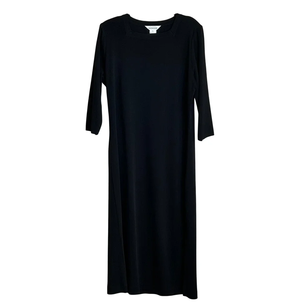 Misook Black Knit Maxi Dress 3/4 Sleeve Square Neck Minimalist Travel Chic XL
